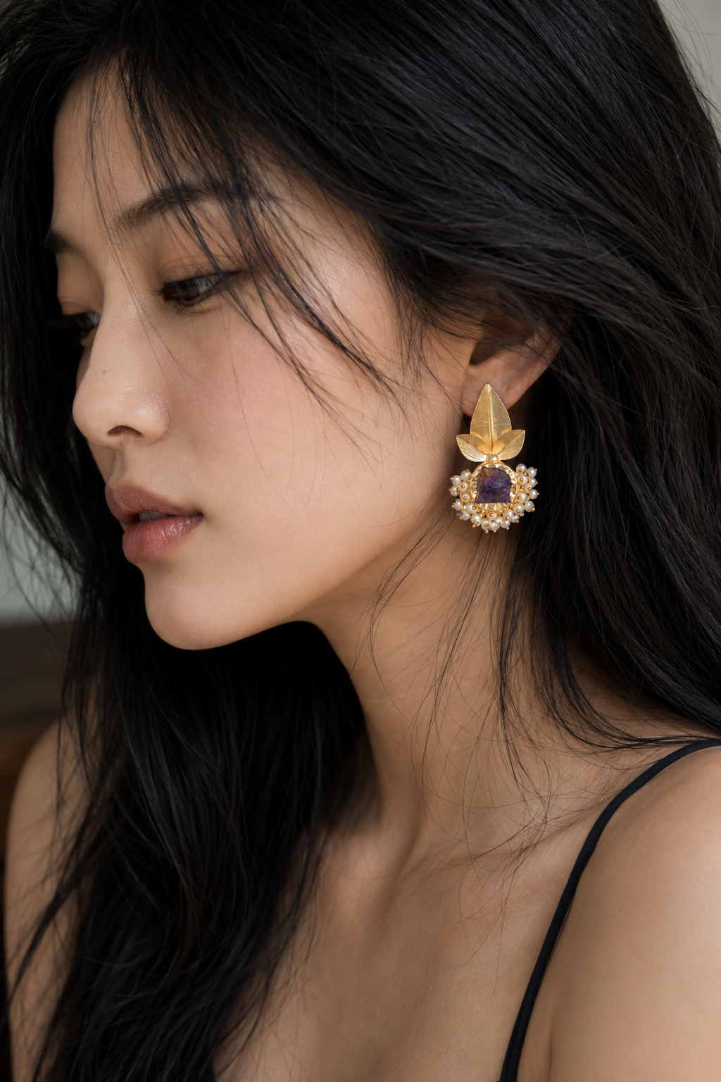 Pearls Brass Flash Gold Plating Floral Stud Earring