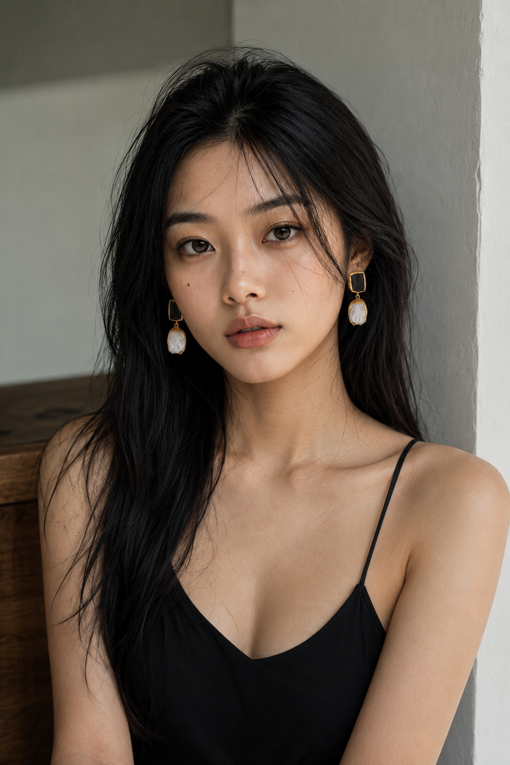 Crystal Quartz, Black Tourmaline Rough Gemstone Stud Earring