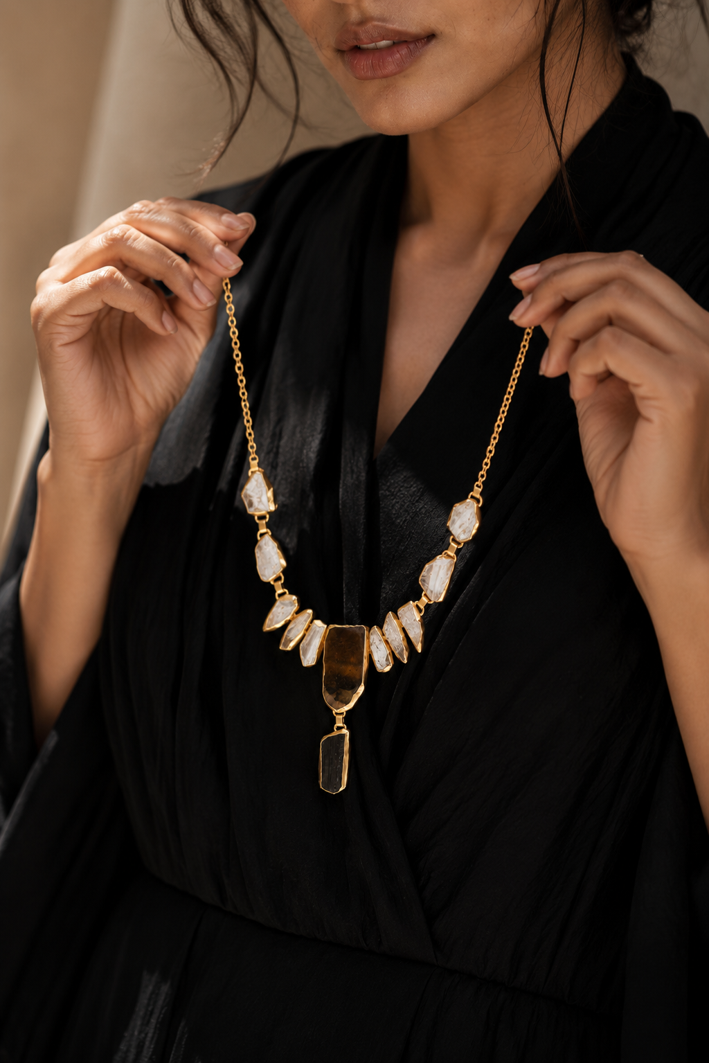 Crystal Quartz, Black Tourmaline Rough Gemstone Necklace
