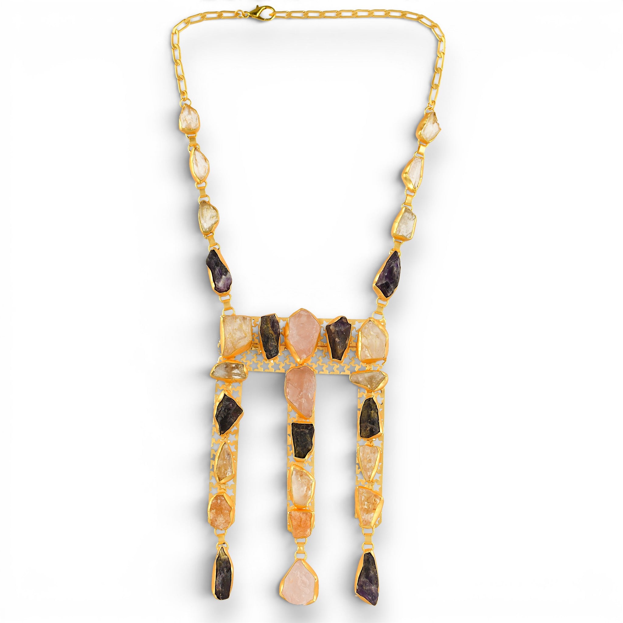 Rose Quartz, Amethystt, Citrine, Crystal Quartz, Black Tourmuline Rough Gemstone Necklace