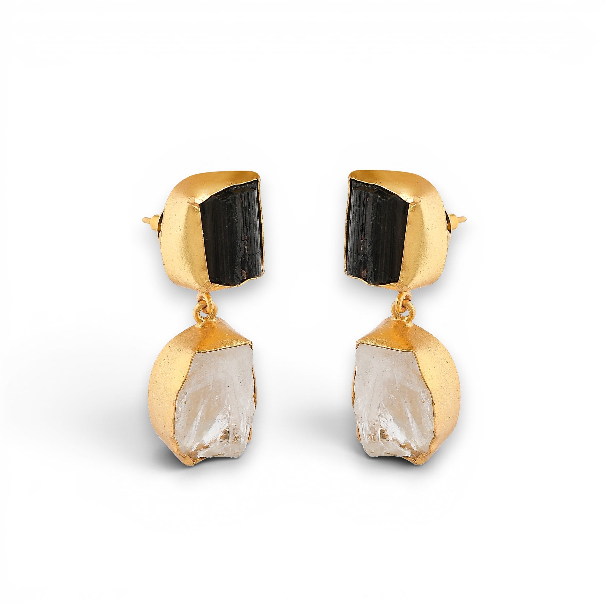 Crystal Quartz, Black Tourmaline Rough Gemstone Stud Earring