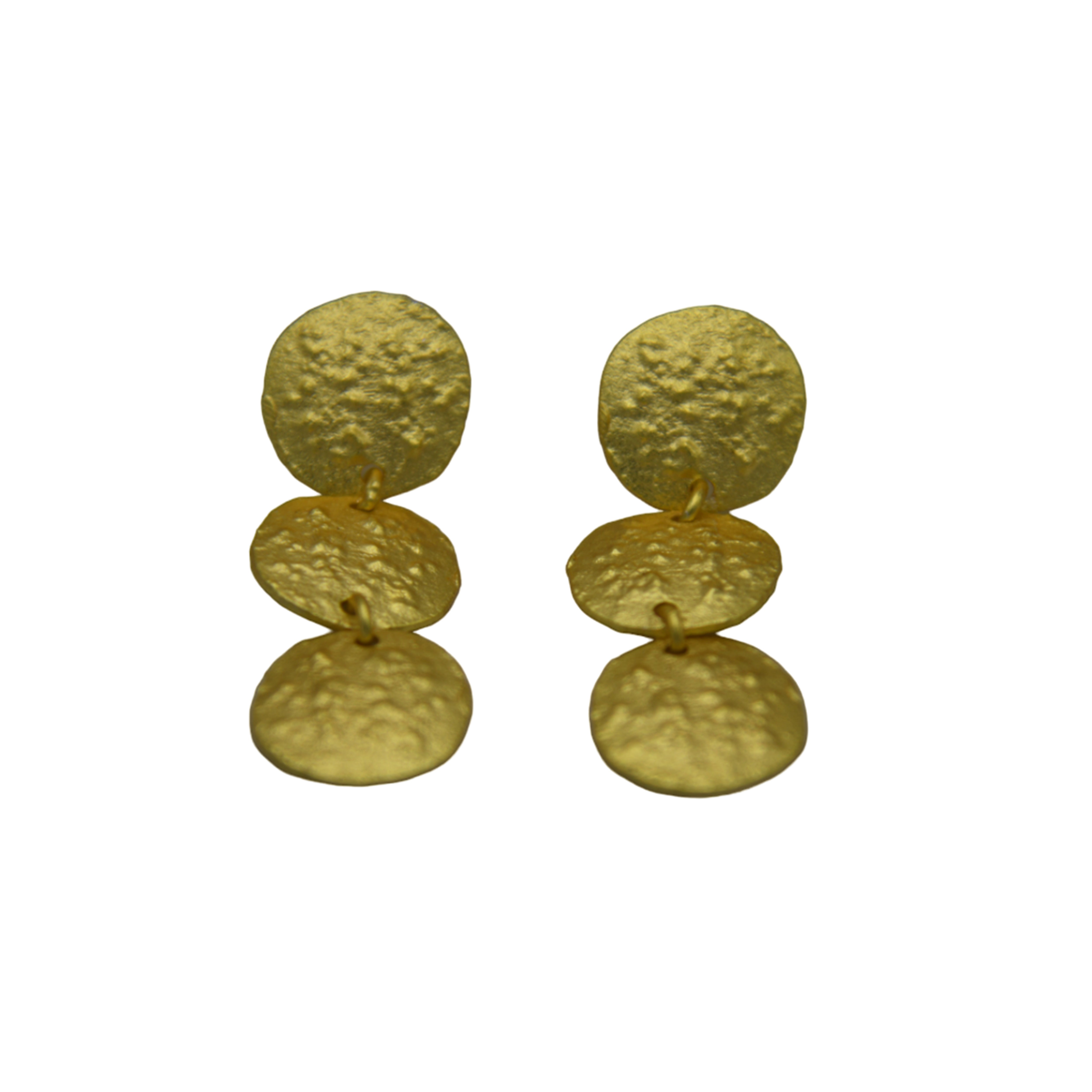 Hand Hammered Tri Disk Dangler Flash Gold Plated Stud Earring