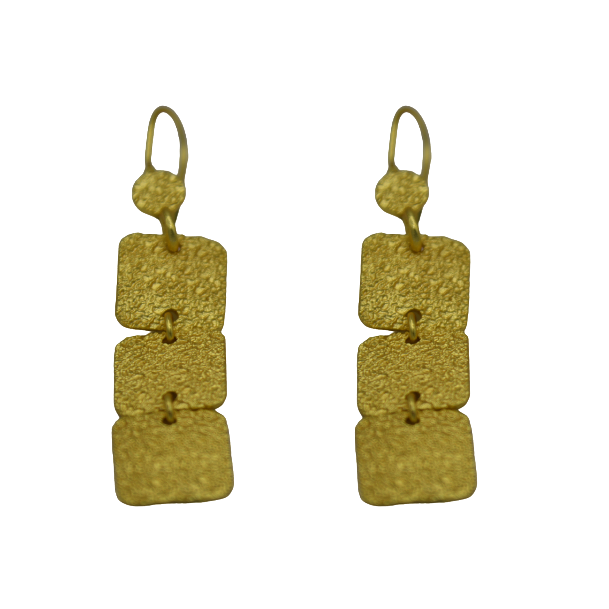 Hand Hammered 3 Tiles Flash Gold Plated Dangle Earring for Women