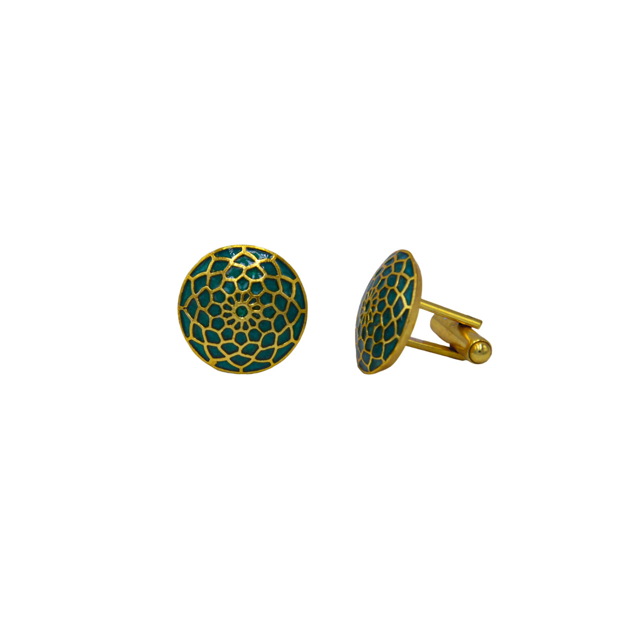 Round Turquoise Enameled Flower Flash Gold Plated Cufflinks