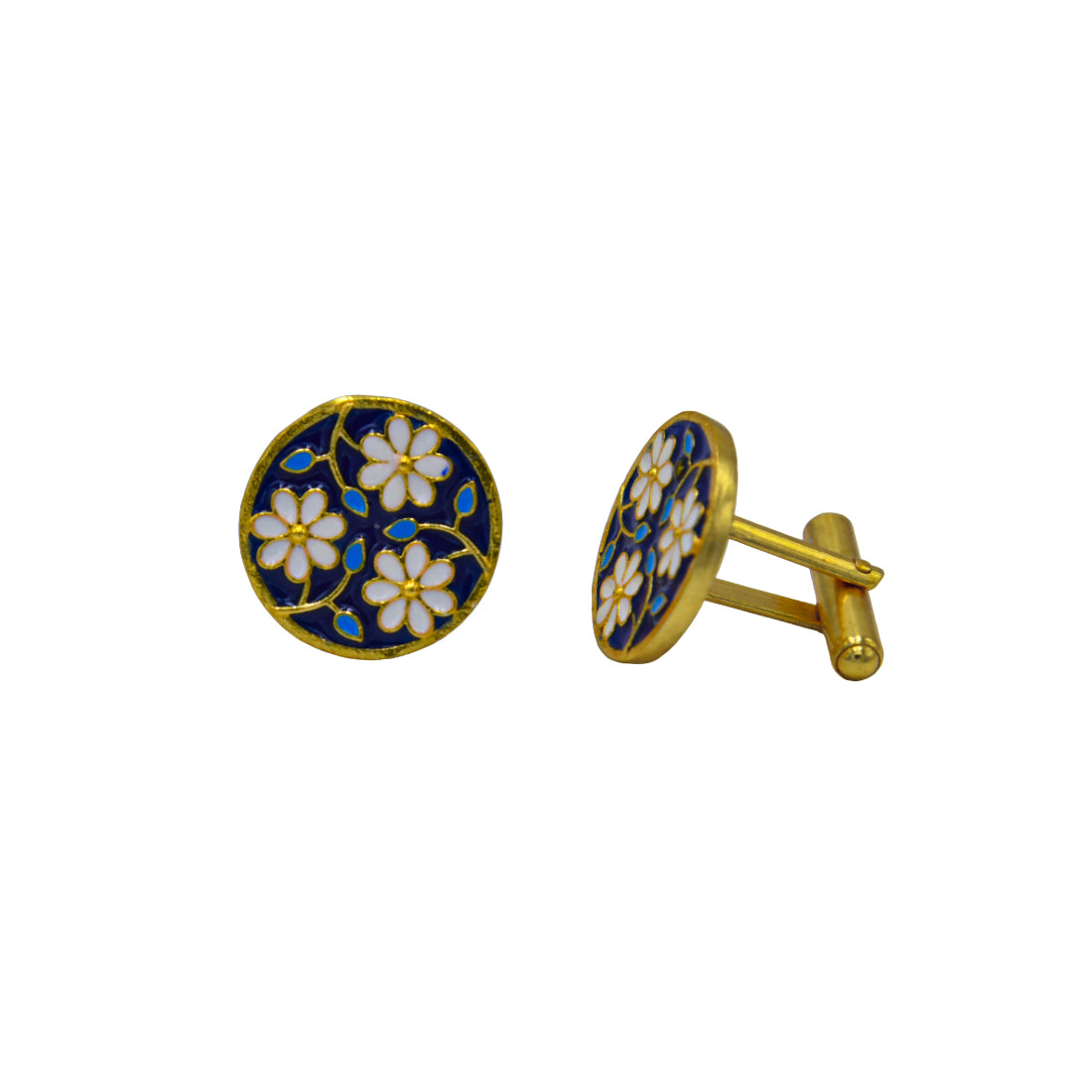 Round White & Blue Flower and Stem Enameled Flash Gold Plated Cufflinks