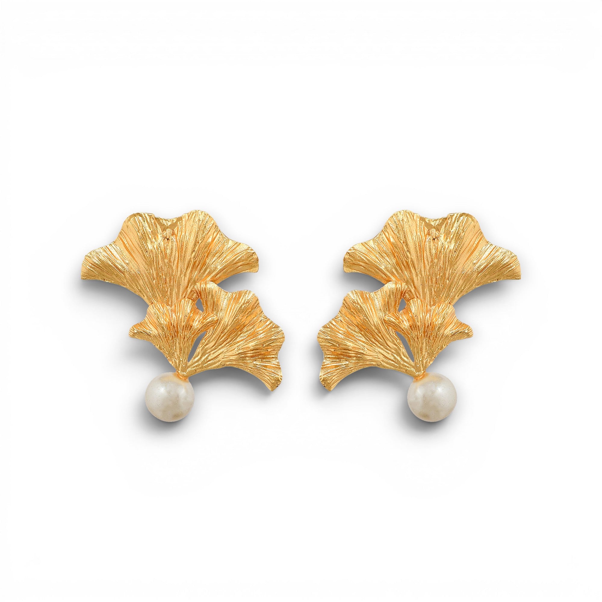 Pearl Brass Flash Gold Plating Ginkgo Stud Earring