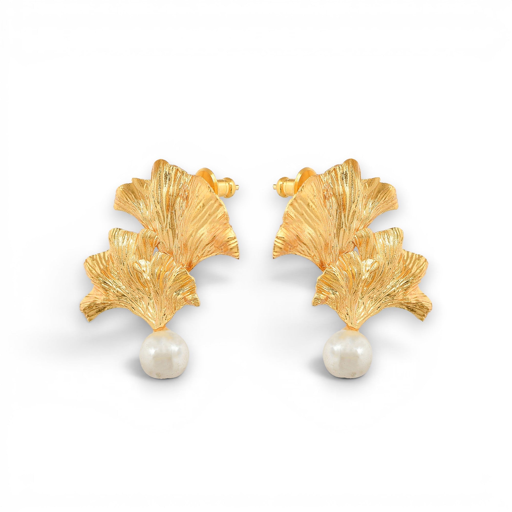 Pearl Brass Flash Gold Plating Ginkgo Stud Earring