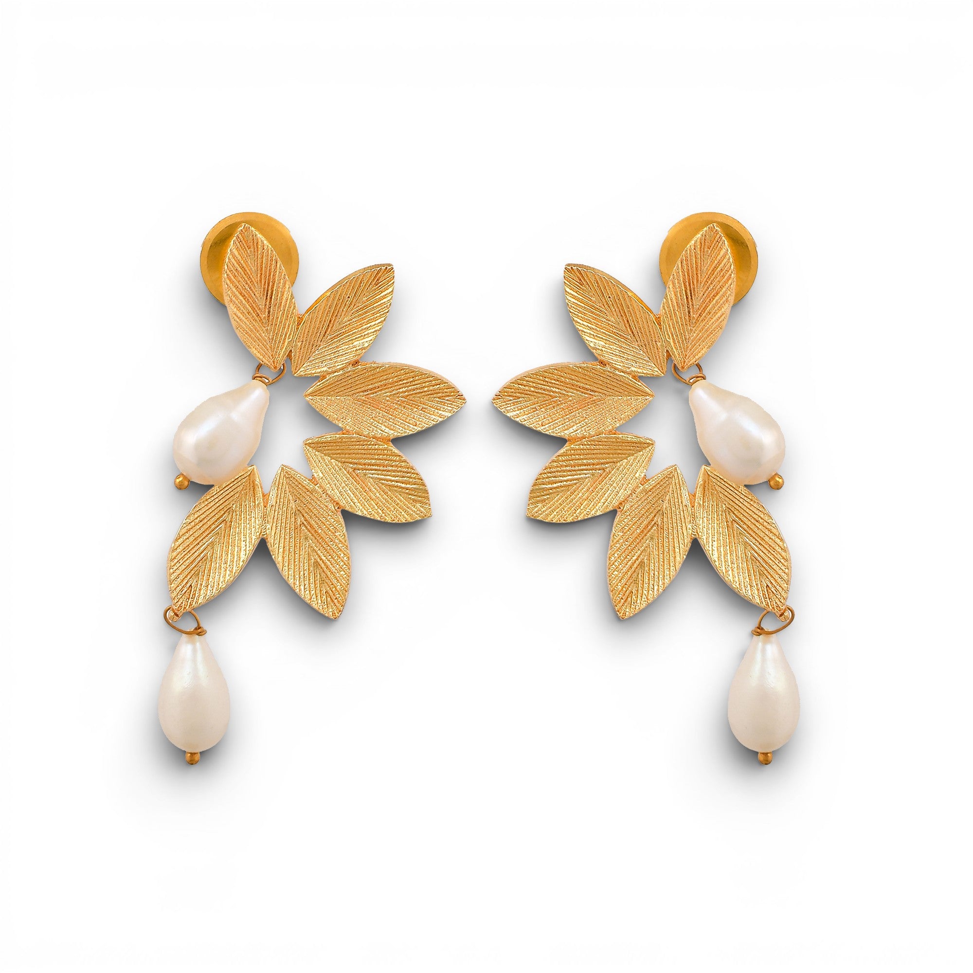 Pearl Brass Flash Gold Plating Leaf Stud Earring