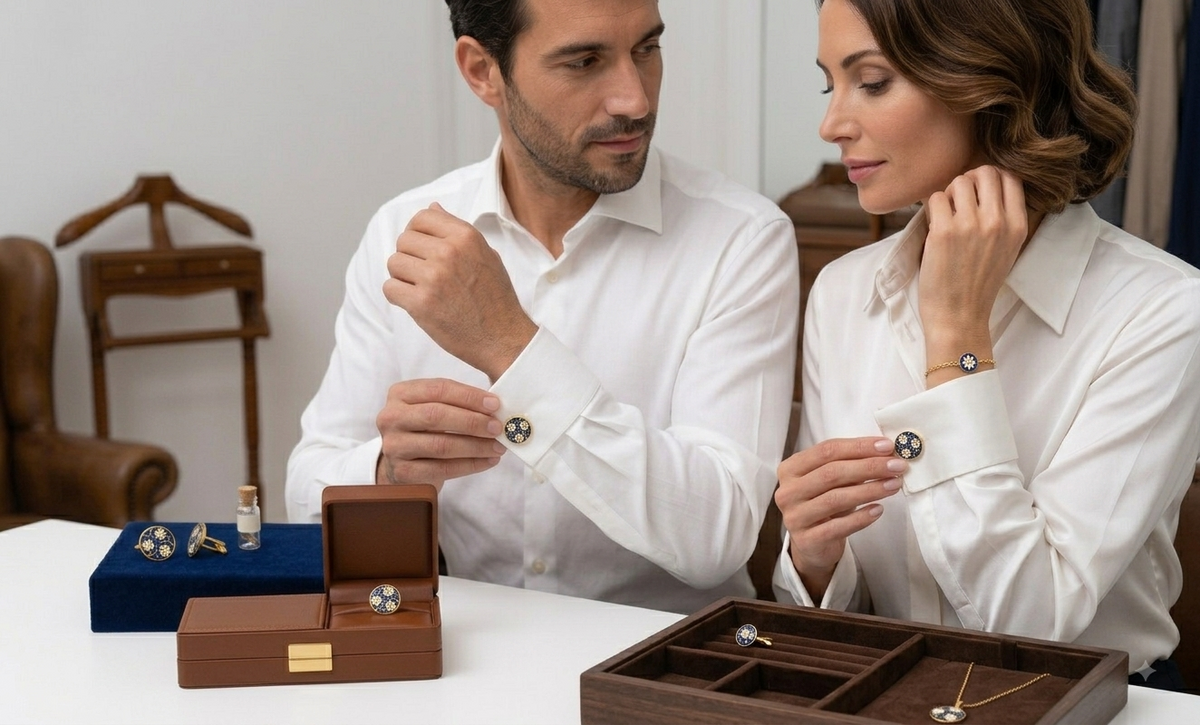 Round White & Blue Flower and Stem Enameled Flash Gold Plated Cufflinks