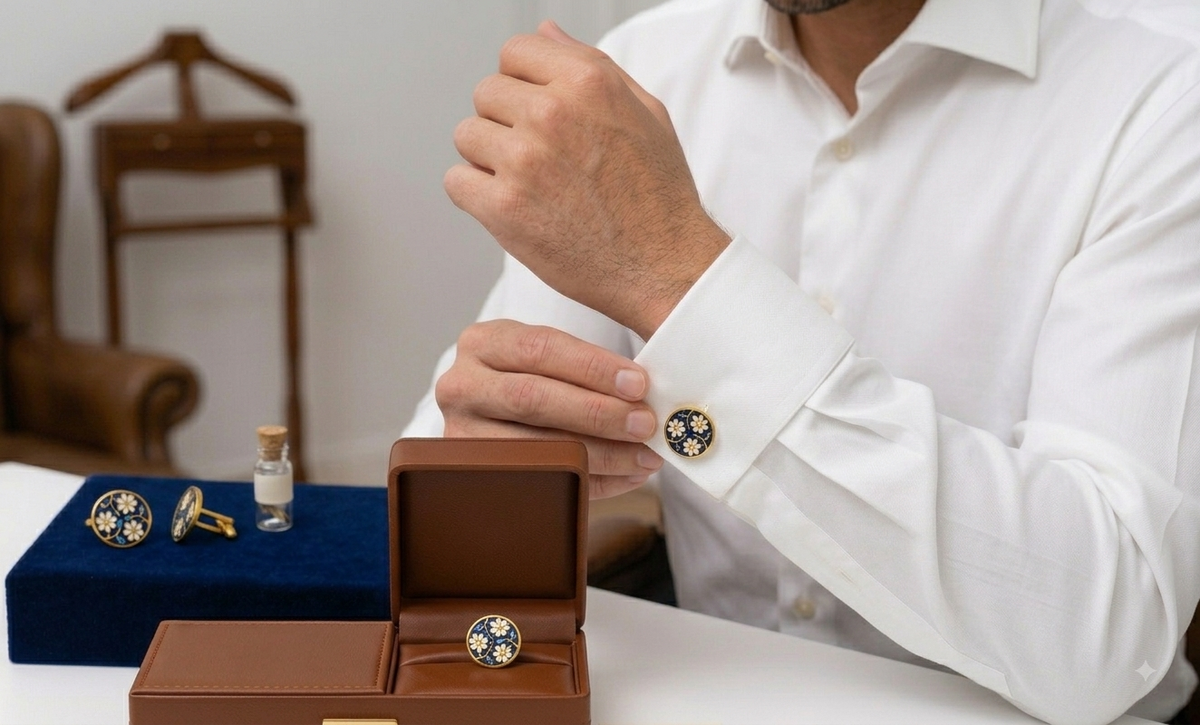 Round White & Blue Flower and Stem Enameled Flash Gold Plated Cufflinks