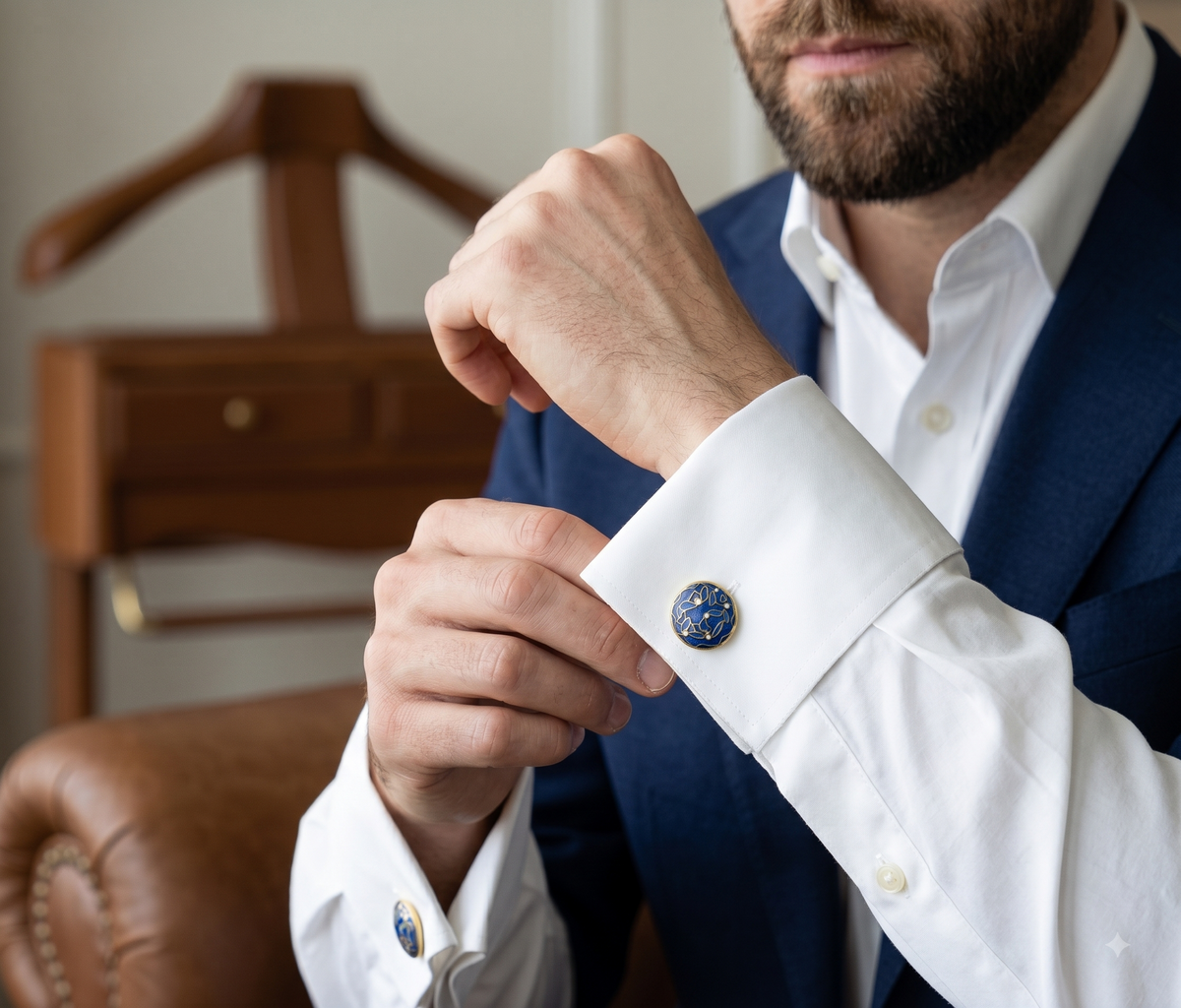 Round Blue & White Leaf Enameled Flash Gold Plated Cufflinks