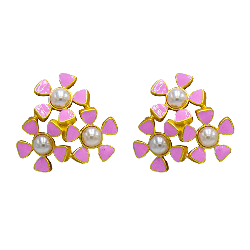 Tri-Flower Enameled Flash Gold Plated Stud Earing