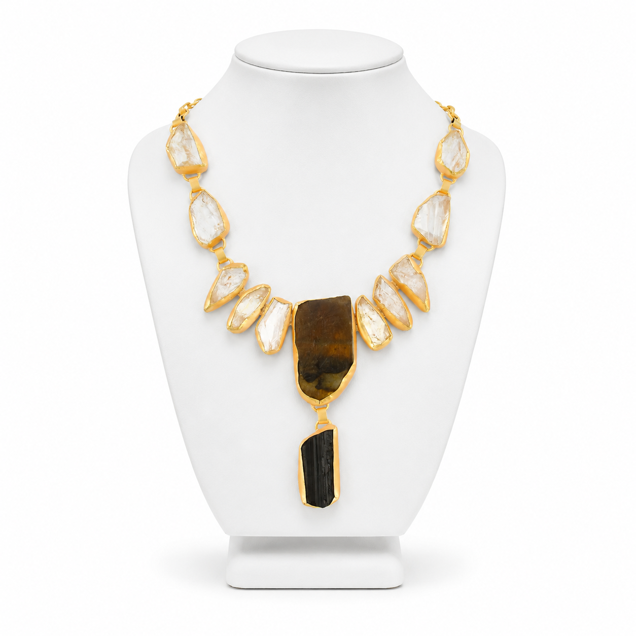 Crystal Quartz, Black Tourmaline Rough Gemstone Necklace