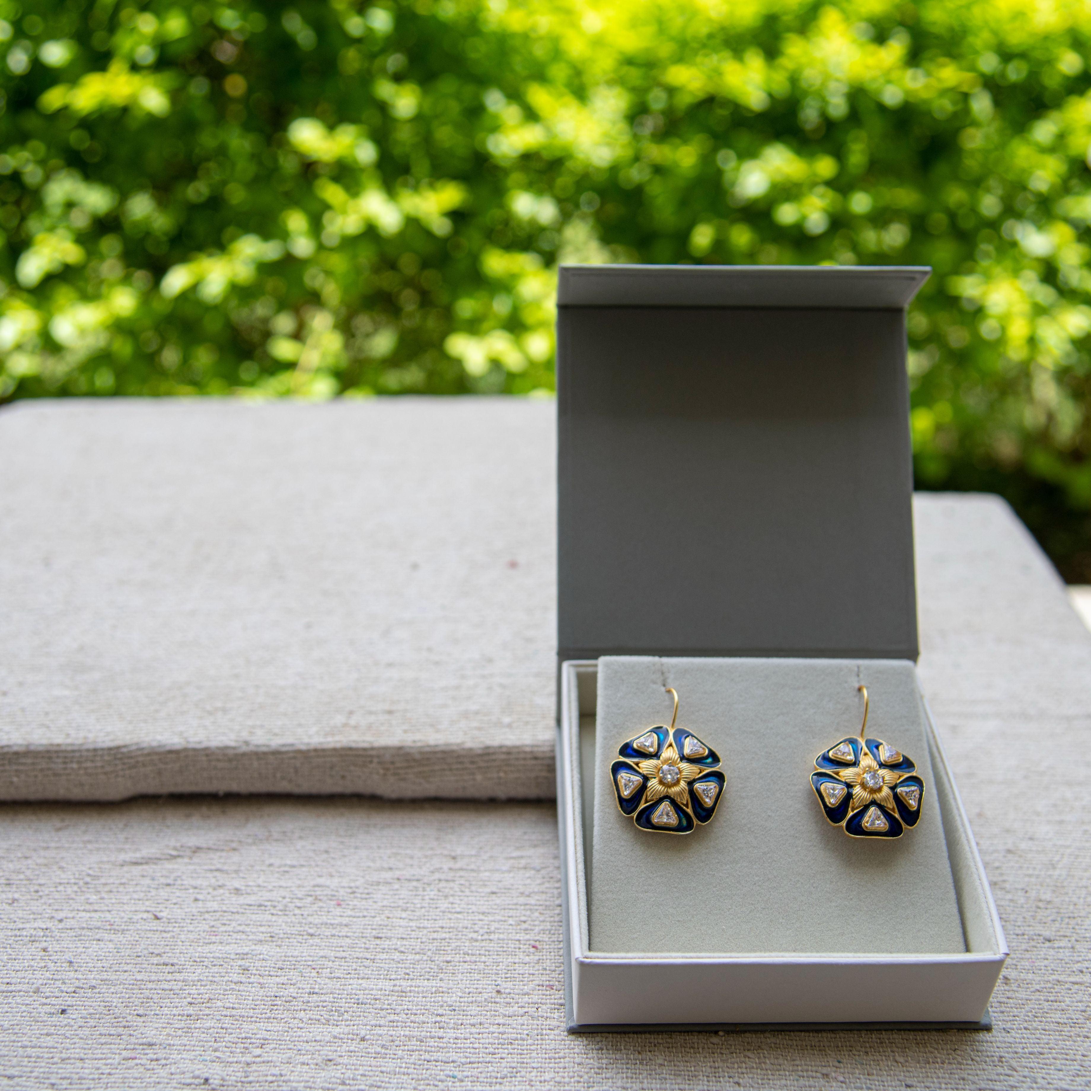 Enameled Stylized flower earrings Flash Gold Plated