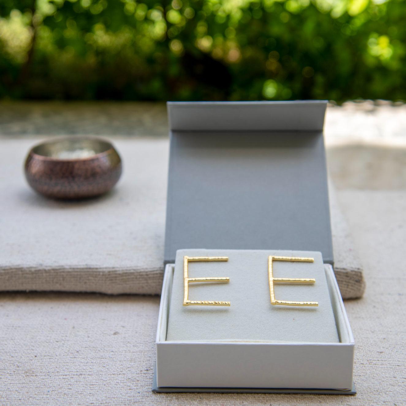 English Alphabet "E" Brass Earring