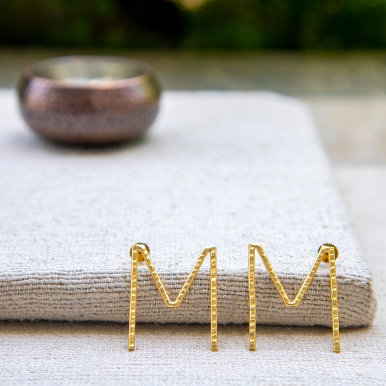 English Alphabet "M" Brass Earring