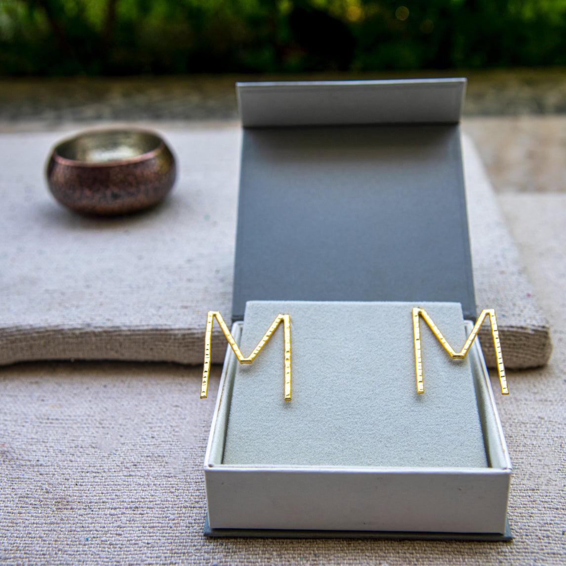 English Alphabet "M" Brass Earring