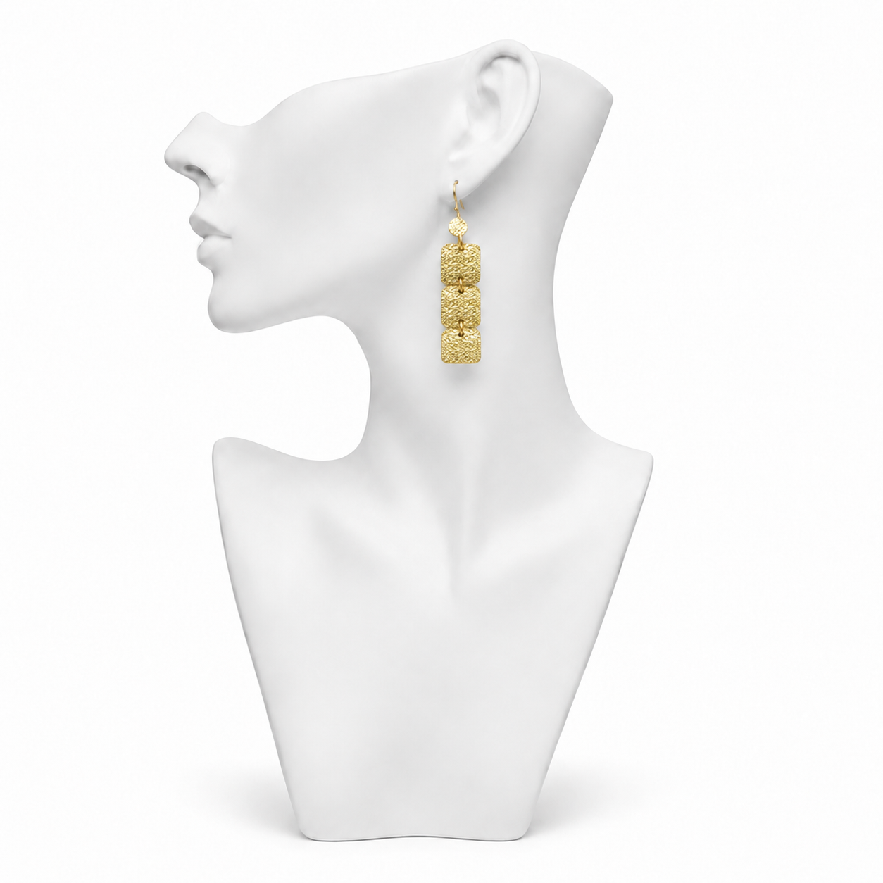 Hand Hammered 3 Tiles Flash Gold Plated Dangle Earring