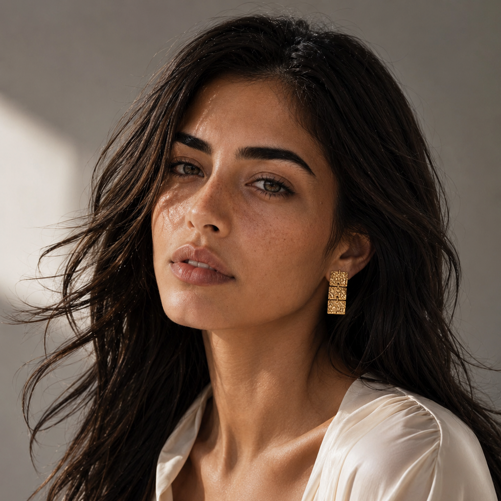 Hand Hammered Square Dangler Flash Gold Plated Stud Earring