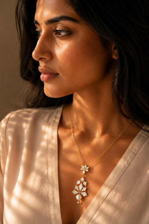 Mother of Pearl Brass Flash Gold Plating Enameled Necklace