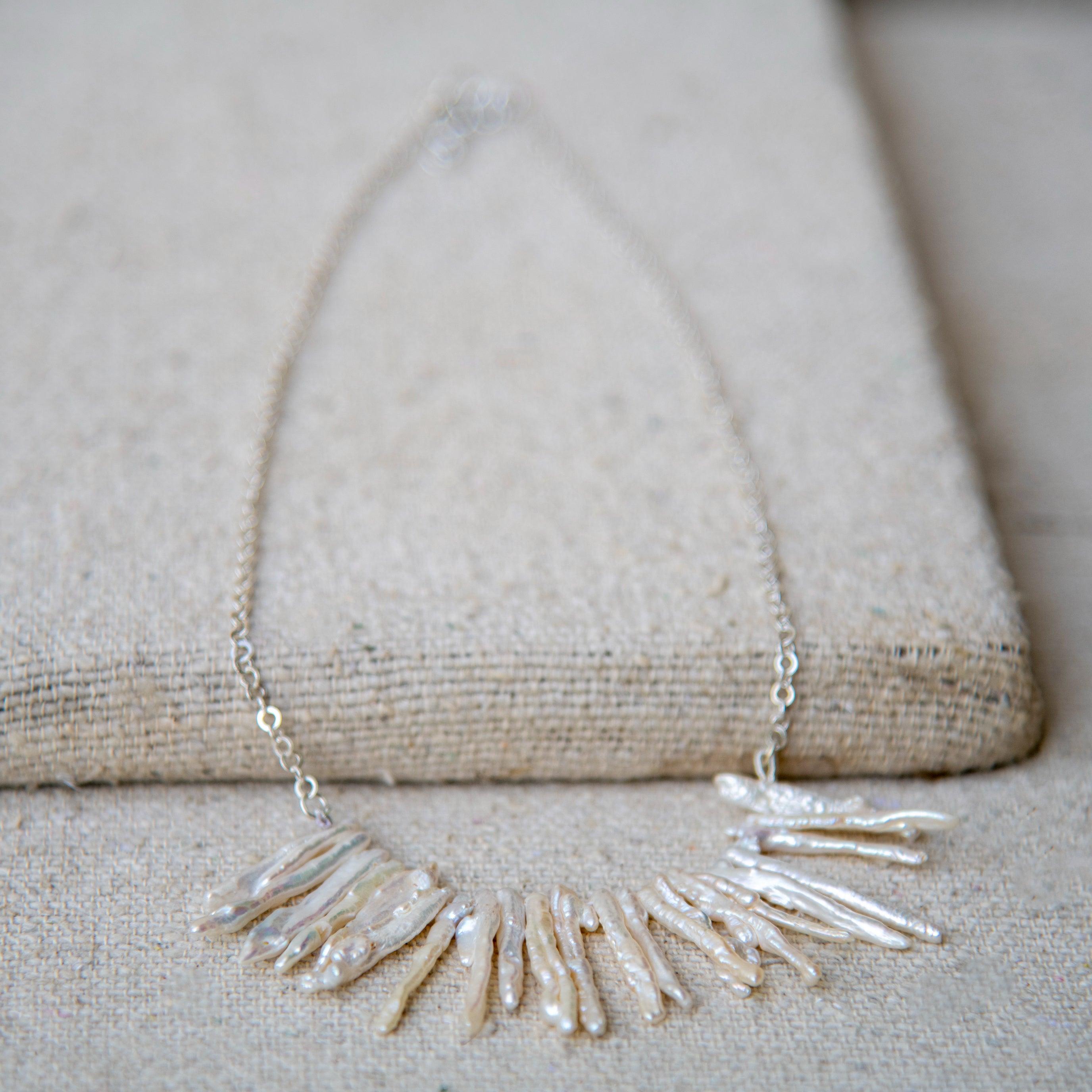 Natural Long Biwa Pearl Silver Plated Chain Necklace