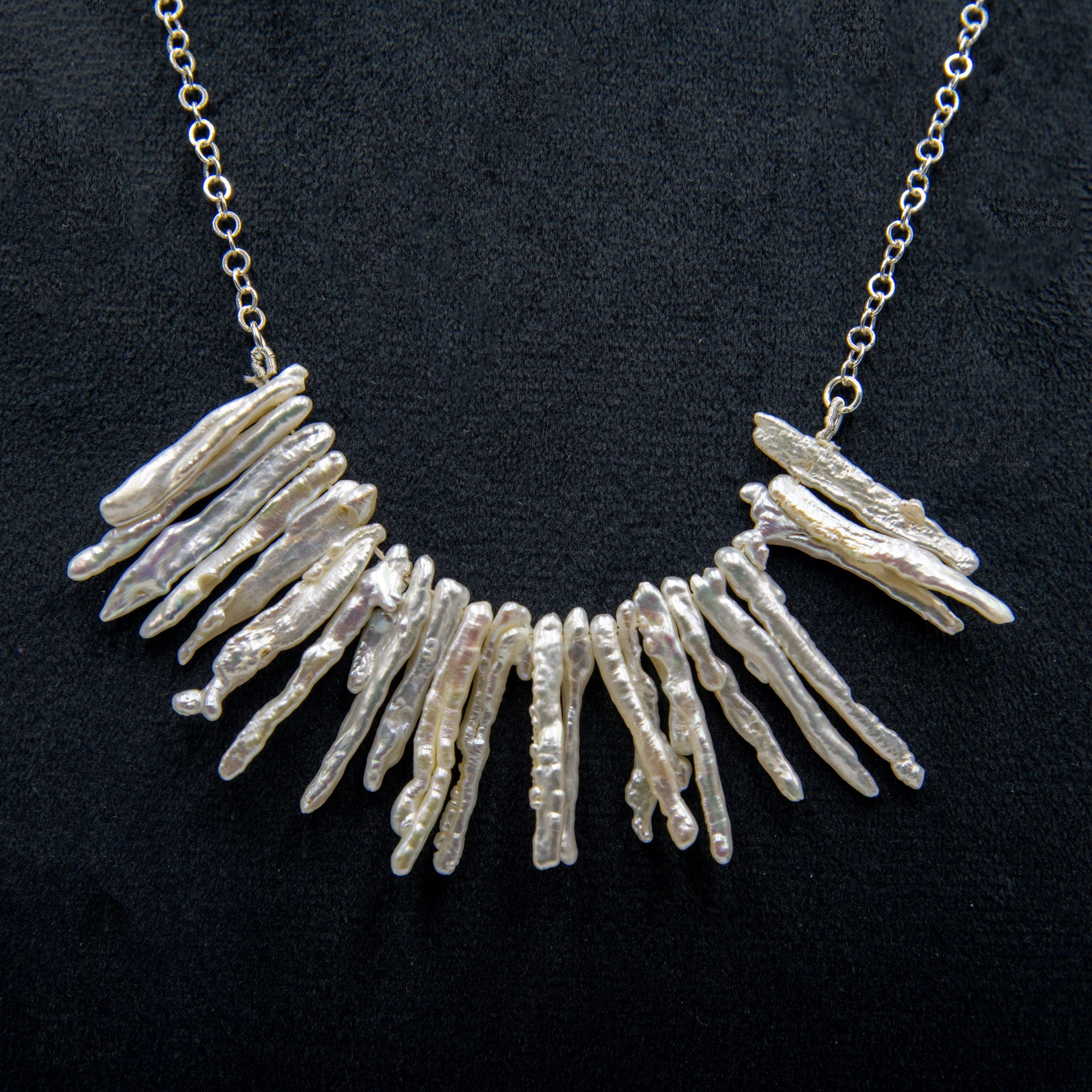 Natural Long Biwa Pearl Silver Plated Chain Necklace