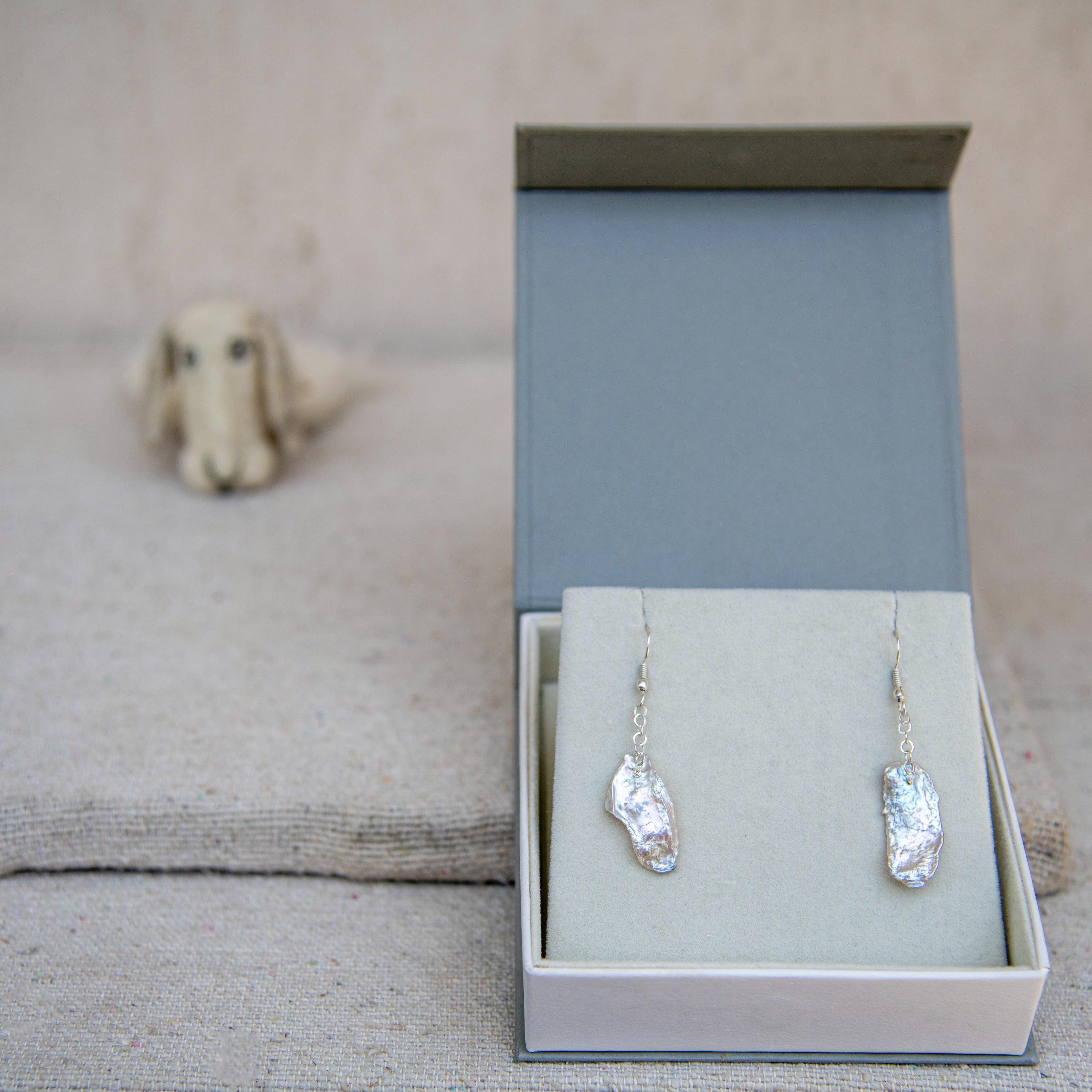 Natural Mabe Pearl Silver Plated Chain Dangler Hook Earring