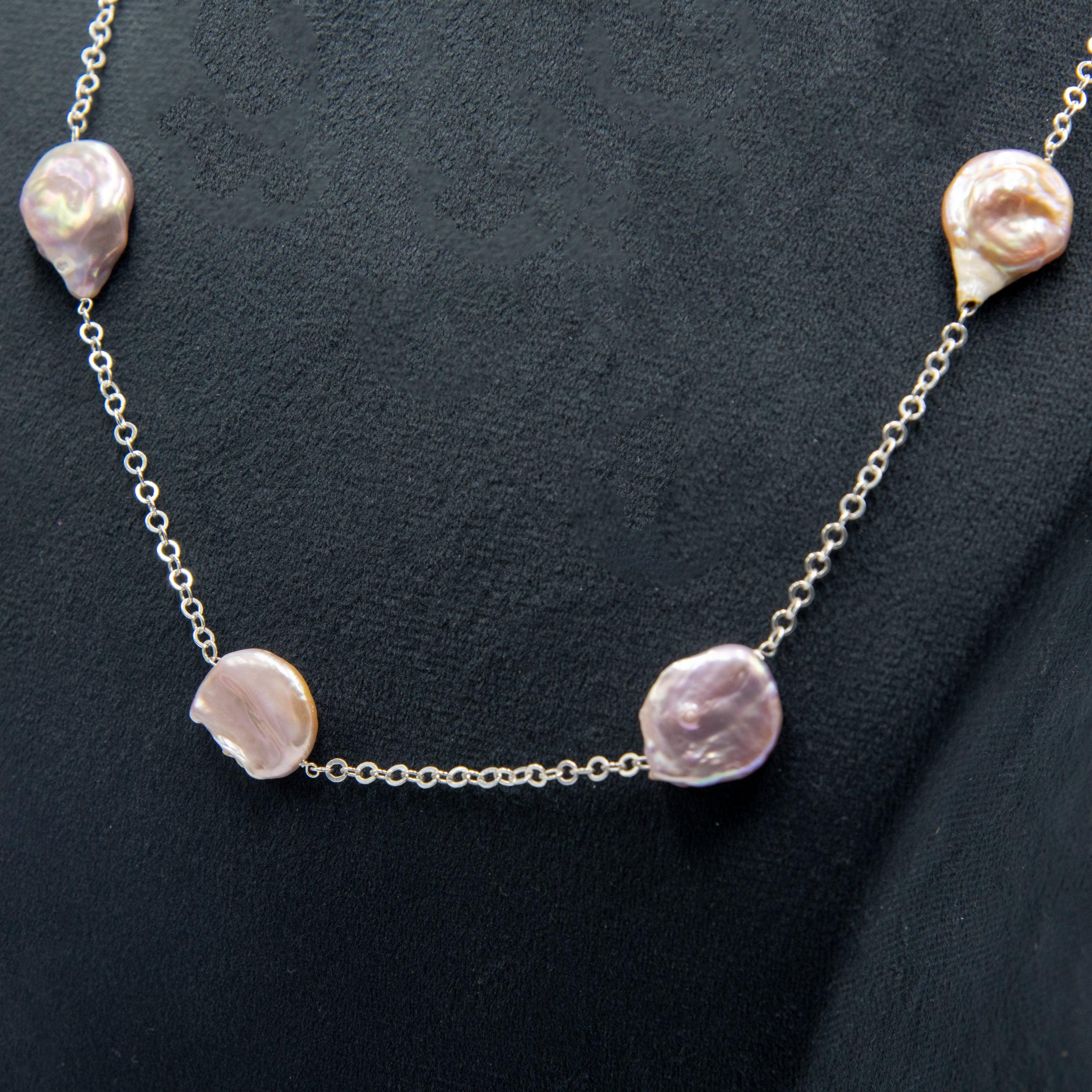 Natural Pearl Sliver Plated Cut Chain Necklace