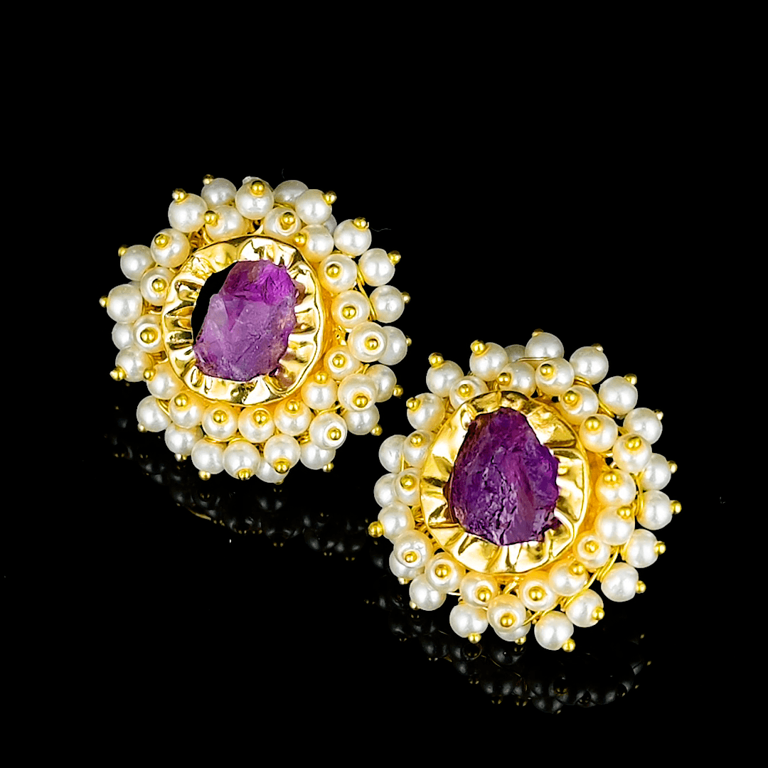 Amethyst & Pearl Brass Floral Stud Earrings