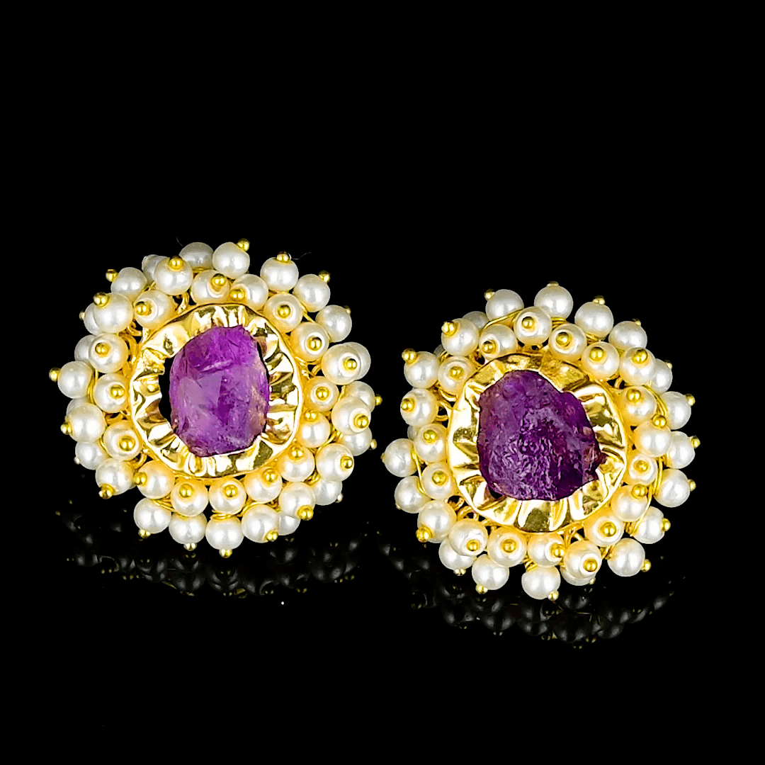 Amethyst & Pearl Brass Floral Stud Earrings