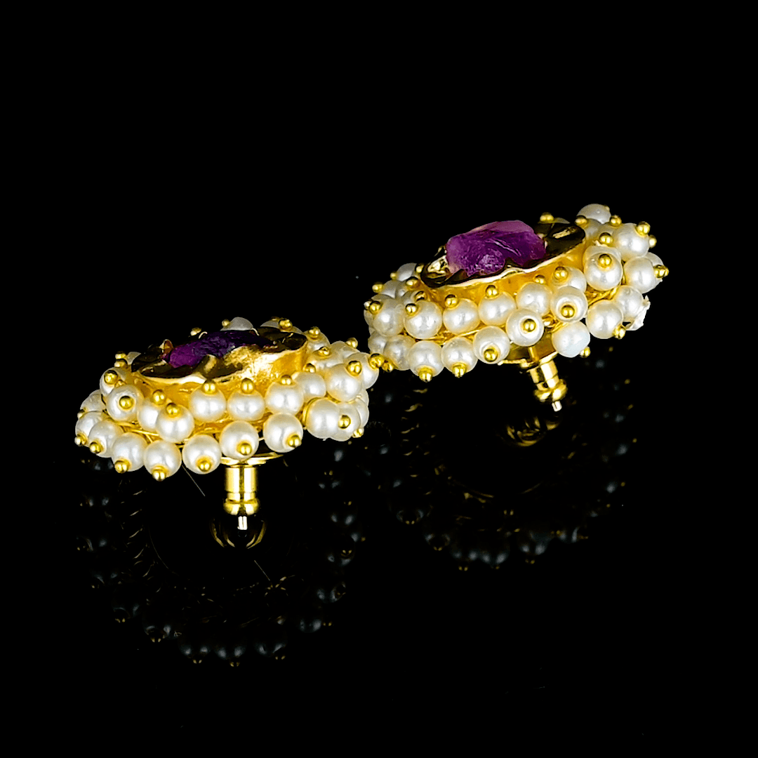 Amethyst & Pearl Brass Floral Stud Earrings
