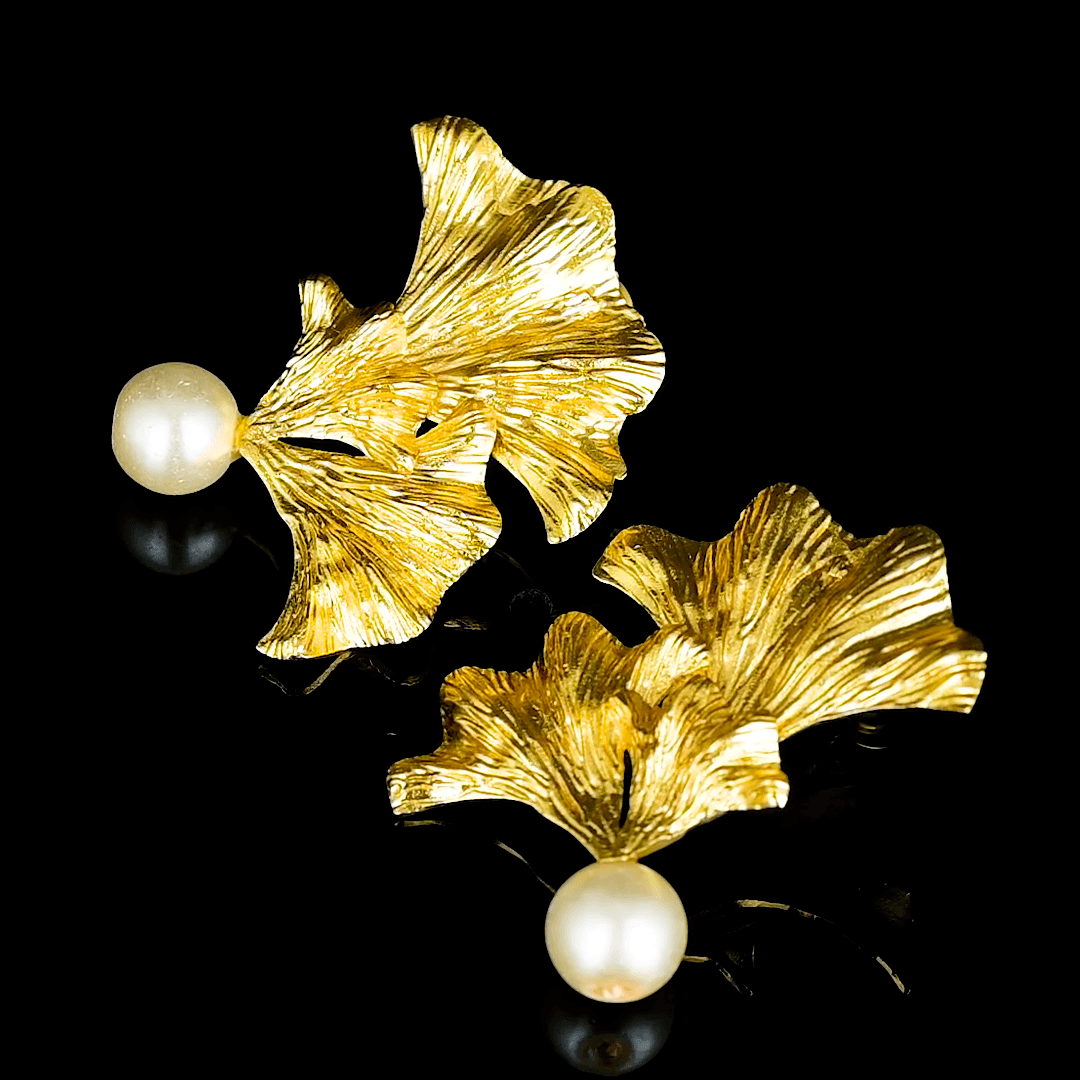 Pearl Brass Ginkgo Stud Earring