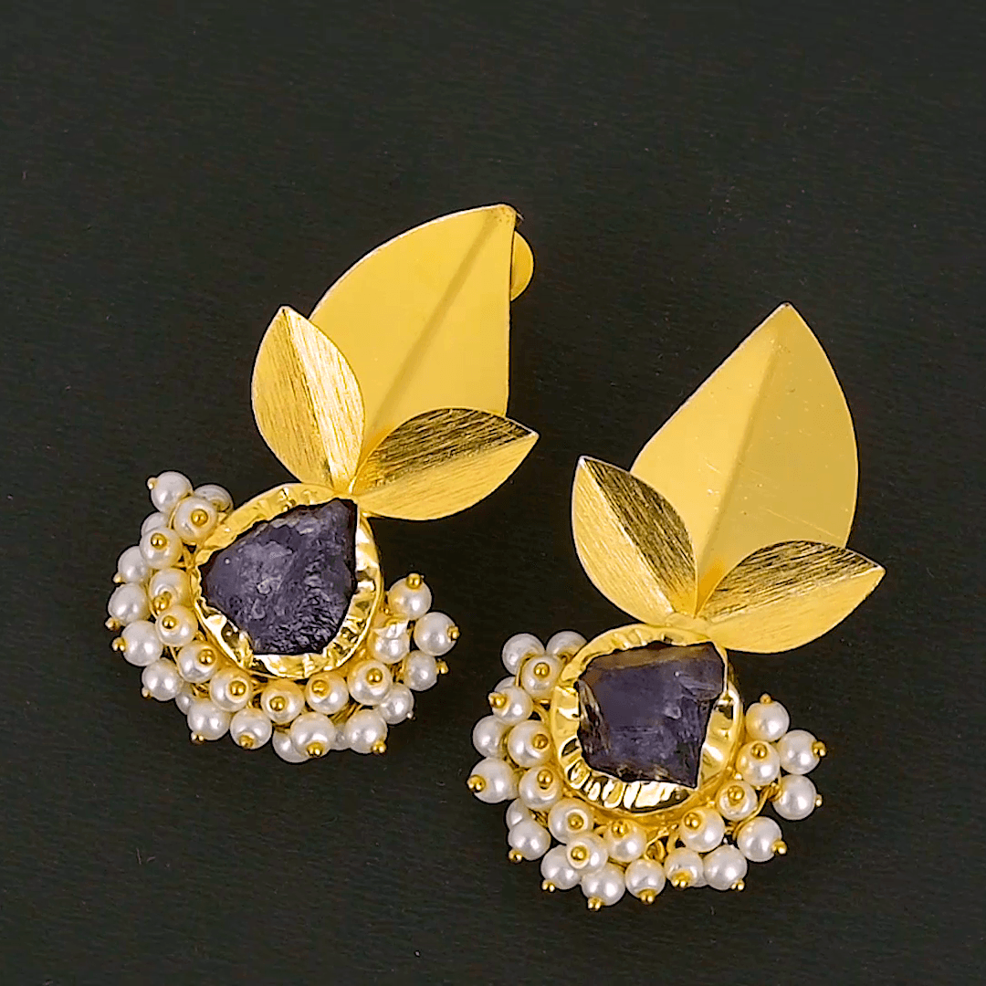 Pearls Brass Floral Stud Earring
