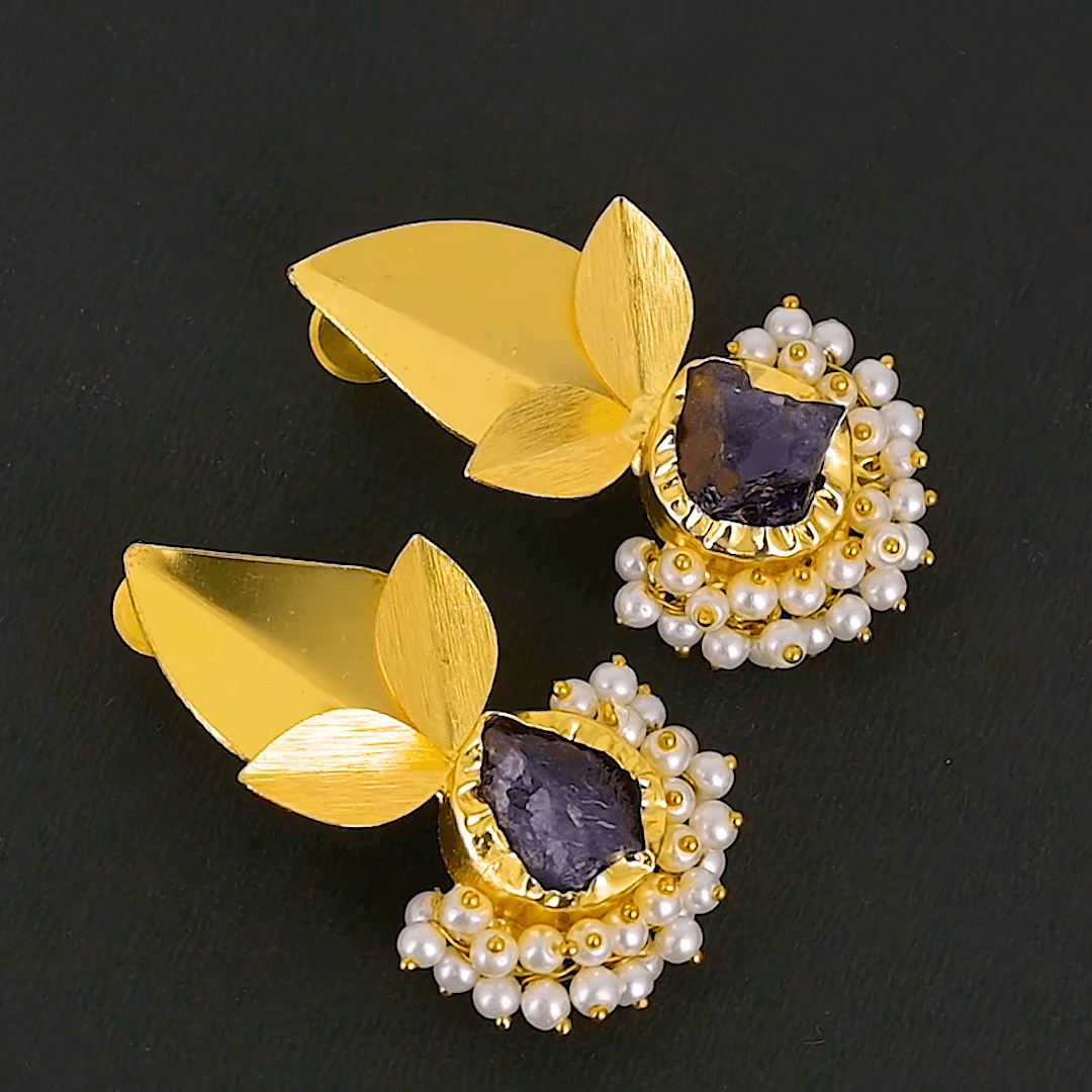 Pearls Brass Floral Stud Earring
