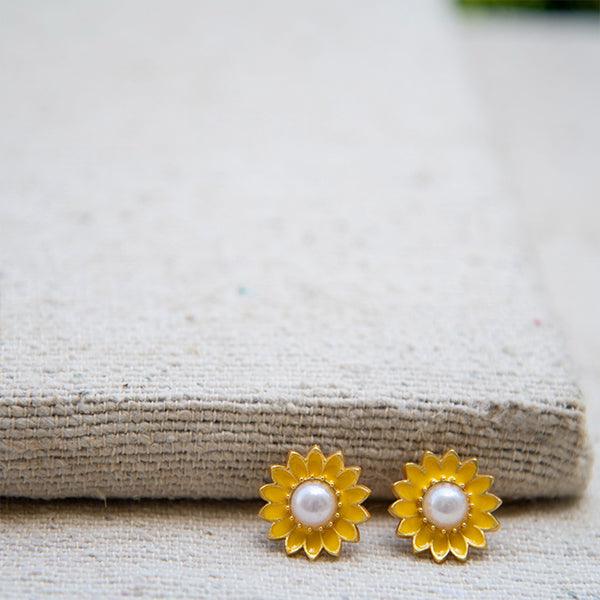Sunflower style enameled Flash Gold Plated stud earring