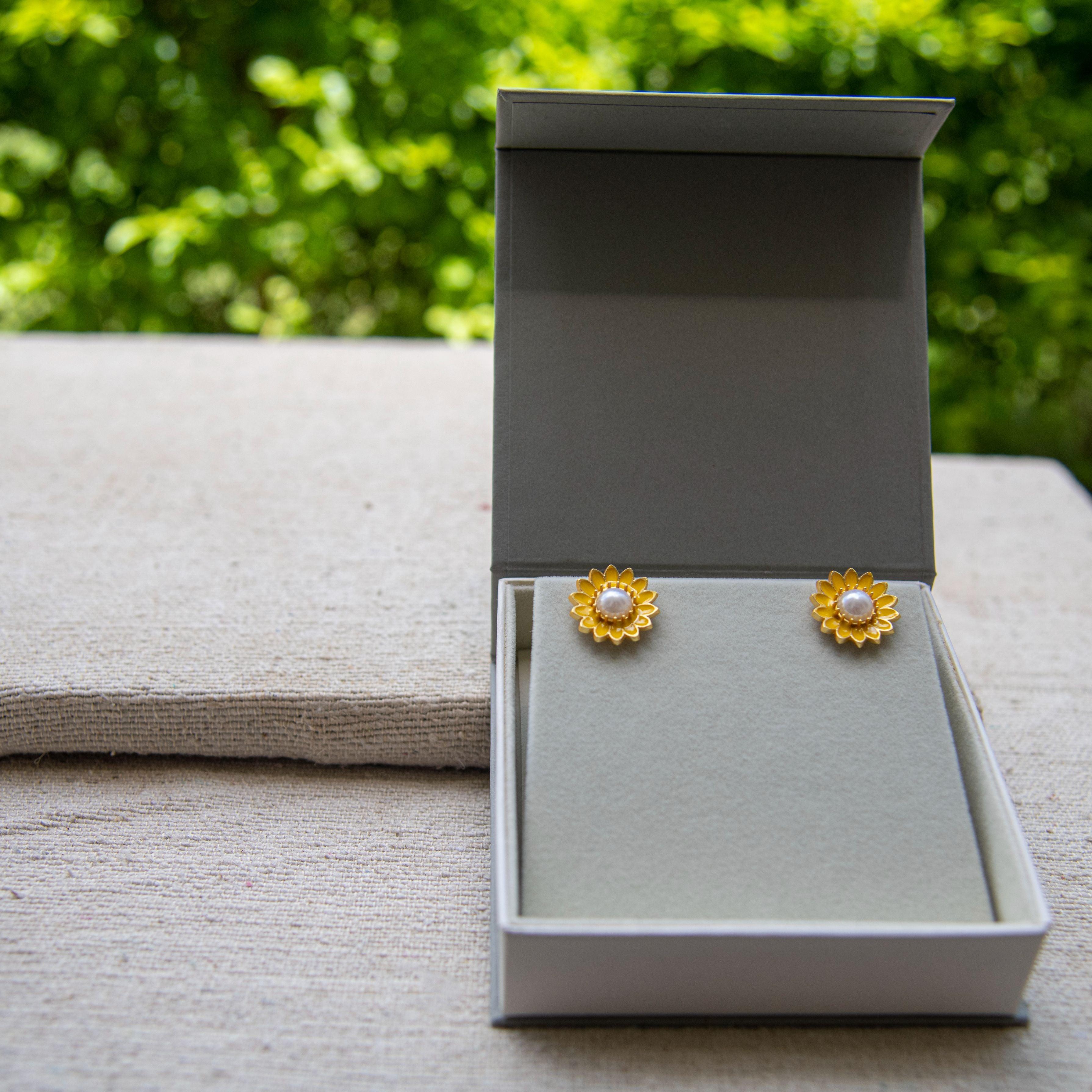Sunflower style enameled Flash Gold Plated stud earring
