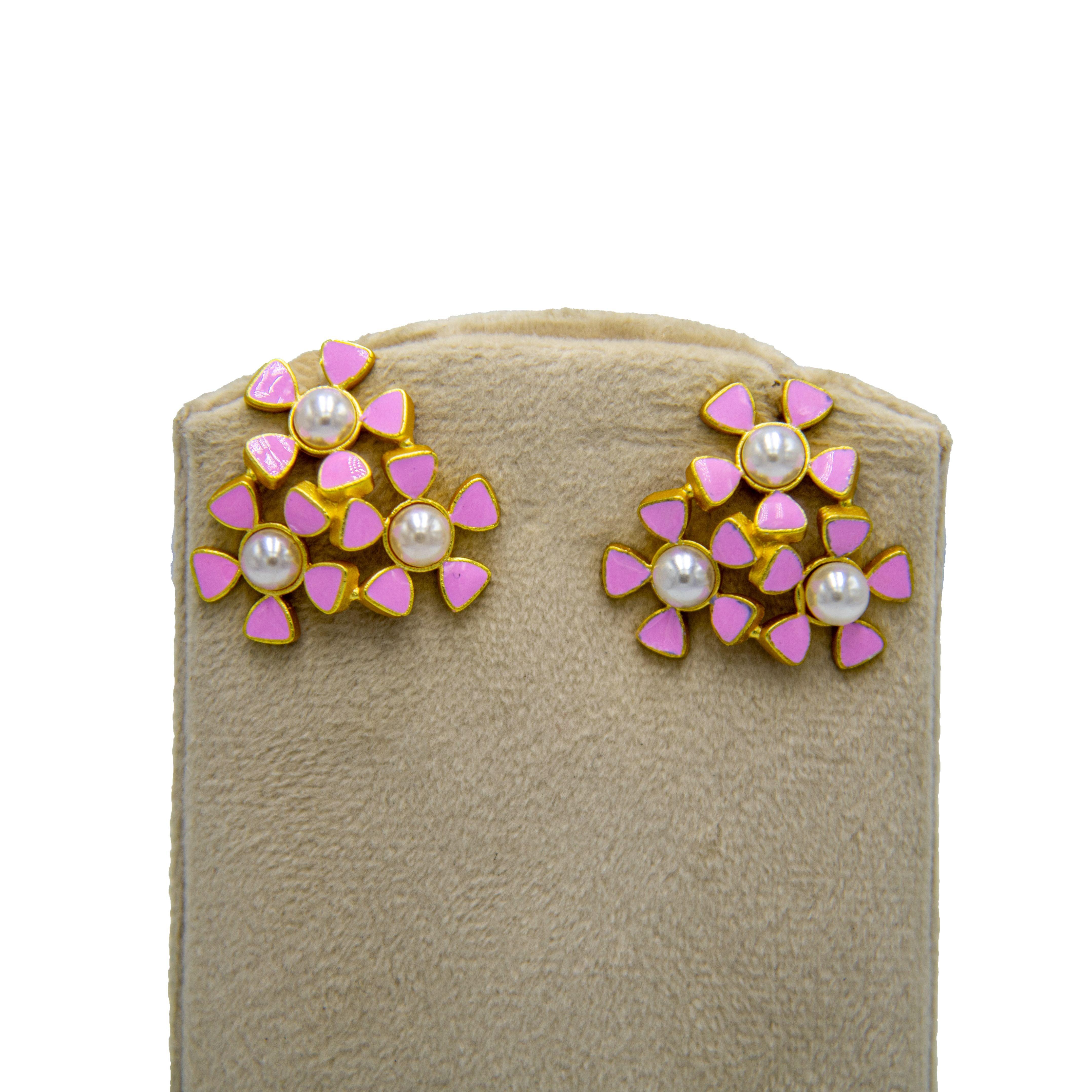 Tri-Flower Enameled Flash Gold Plated Stud Earing