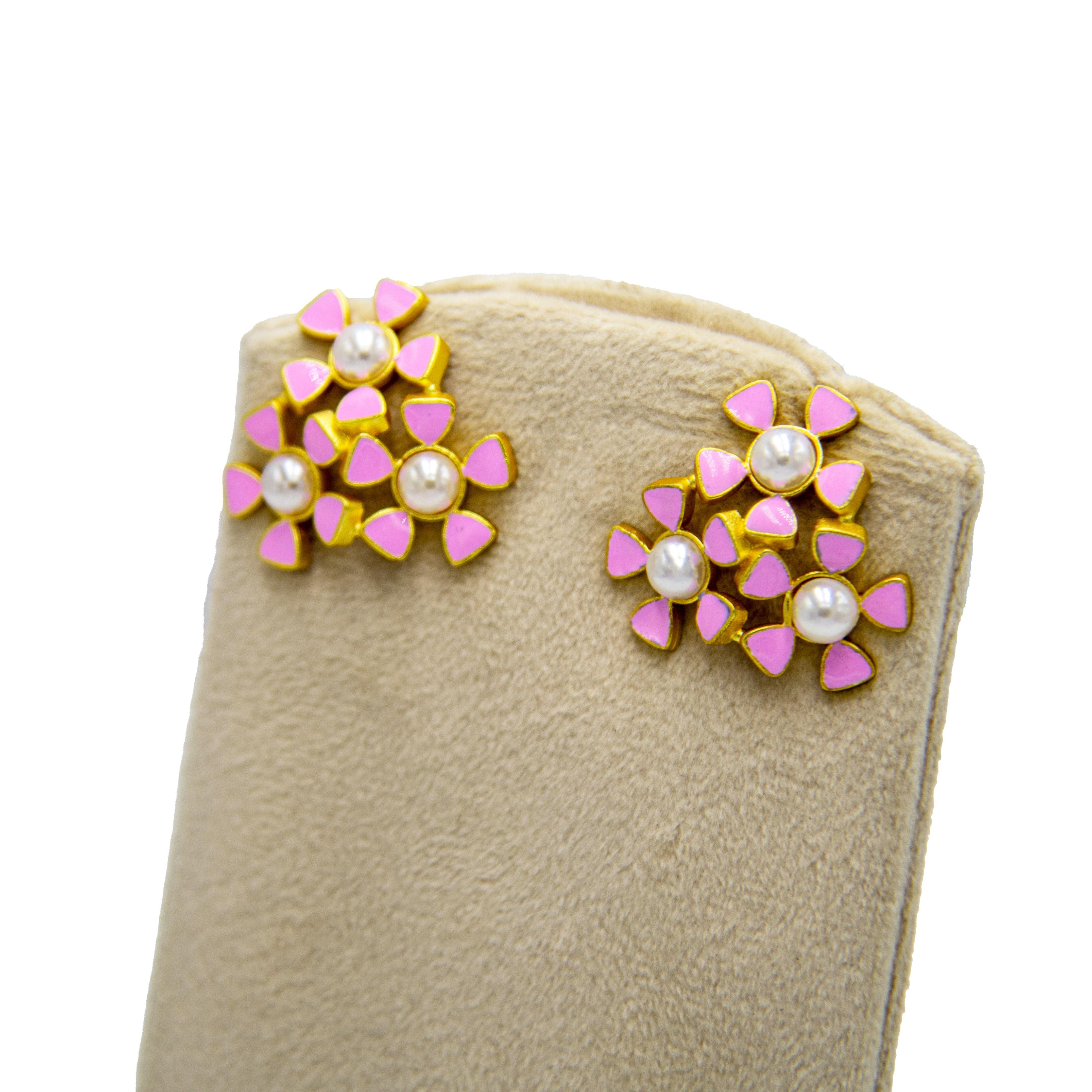 Tri-Flower Enameled Flash Gold Plated Stud Earing