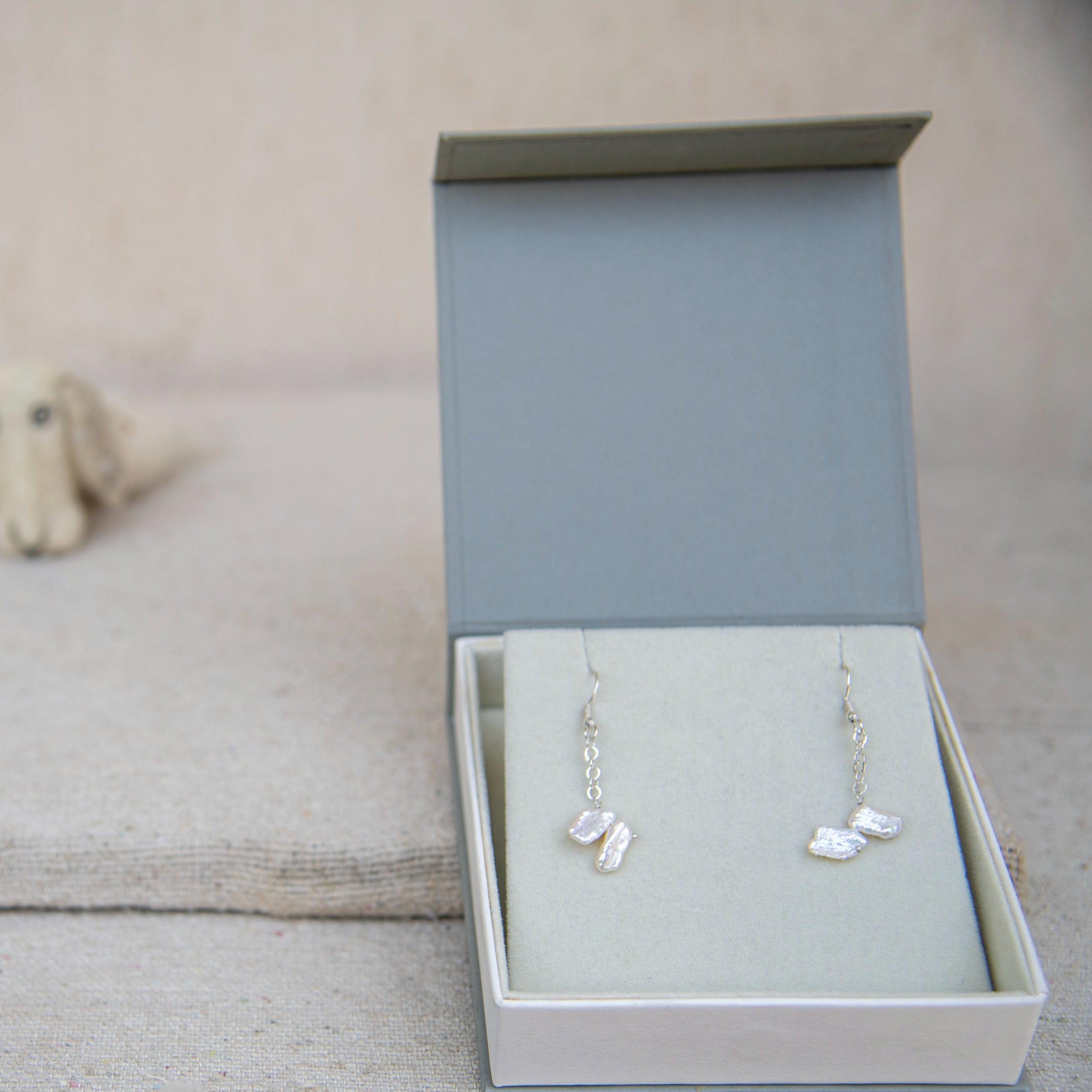 Twin Natural Keshi Pearl Dangler Silver Plated Hook Earring