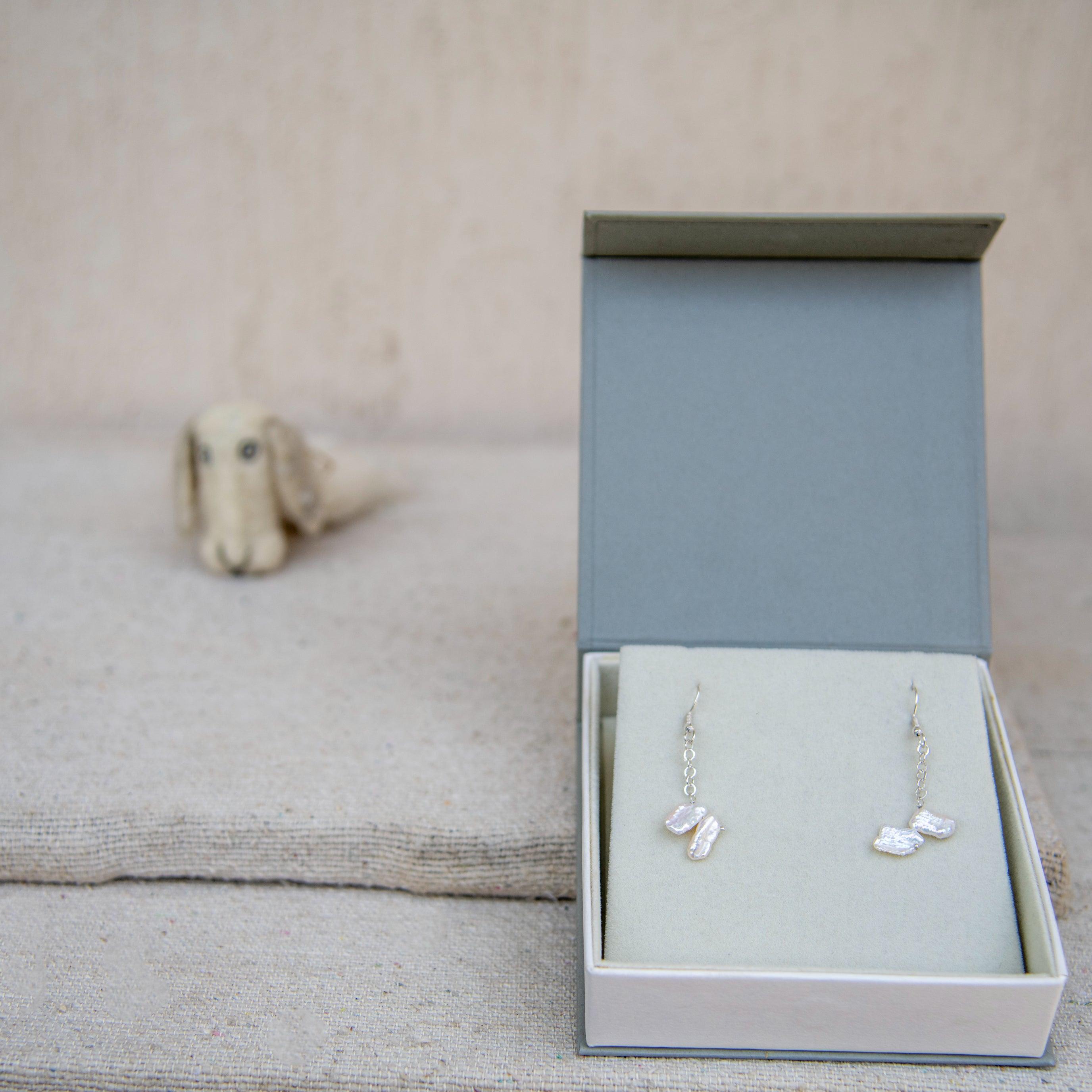 Twin Natural Keshi Pearl Dangler Silver Plated Hook Earring