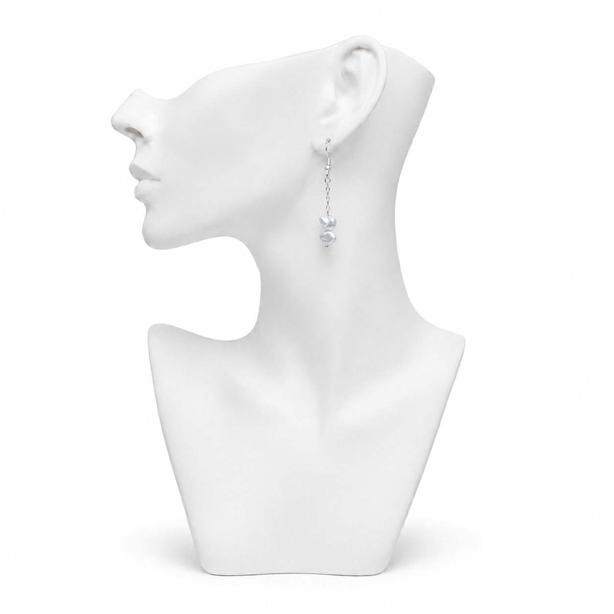 Twin Freshwater Pearl Long Silver Plated Chain Dangler Hook Earring