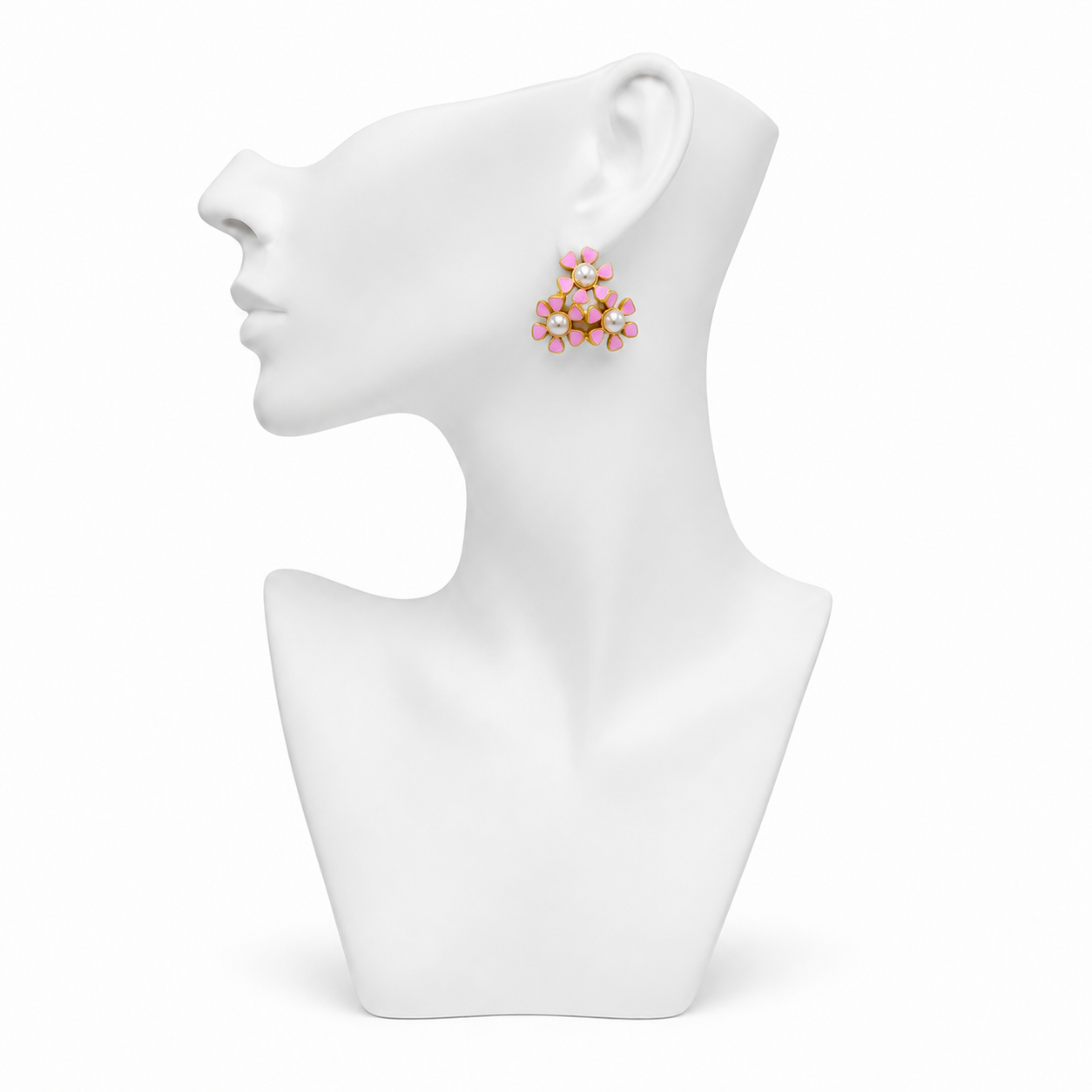 Tri-Flower Enameled Flash Gold Plated Stud Earing