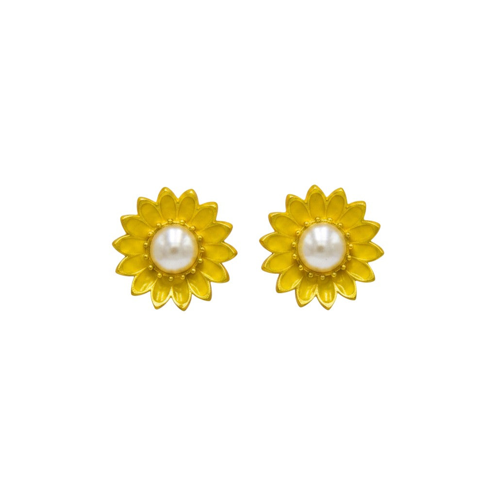Sunflower style enameled Flash Gold Plated stud earring