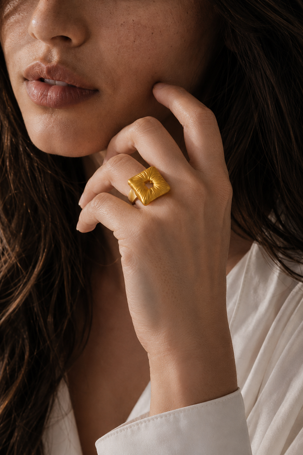 Square Textured Flash Gold Plated Brass Ring