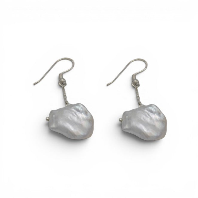 Natural Baroque Pearl Curved Small Silver Plated Chain Dangler Hook Earring