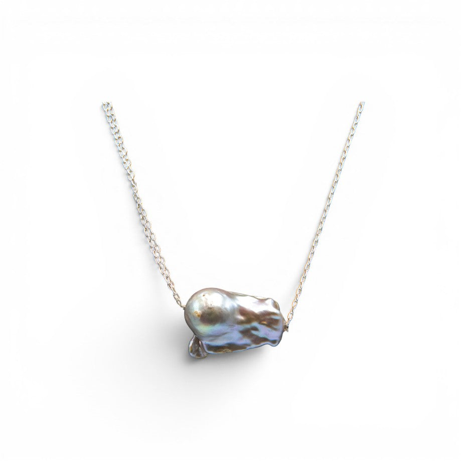 Natural Rainbow Pearl Silver Plated Double Chain Pendant