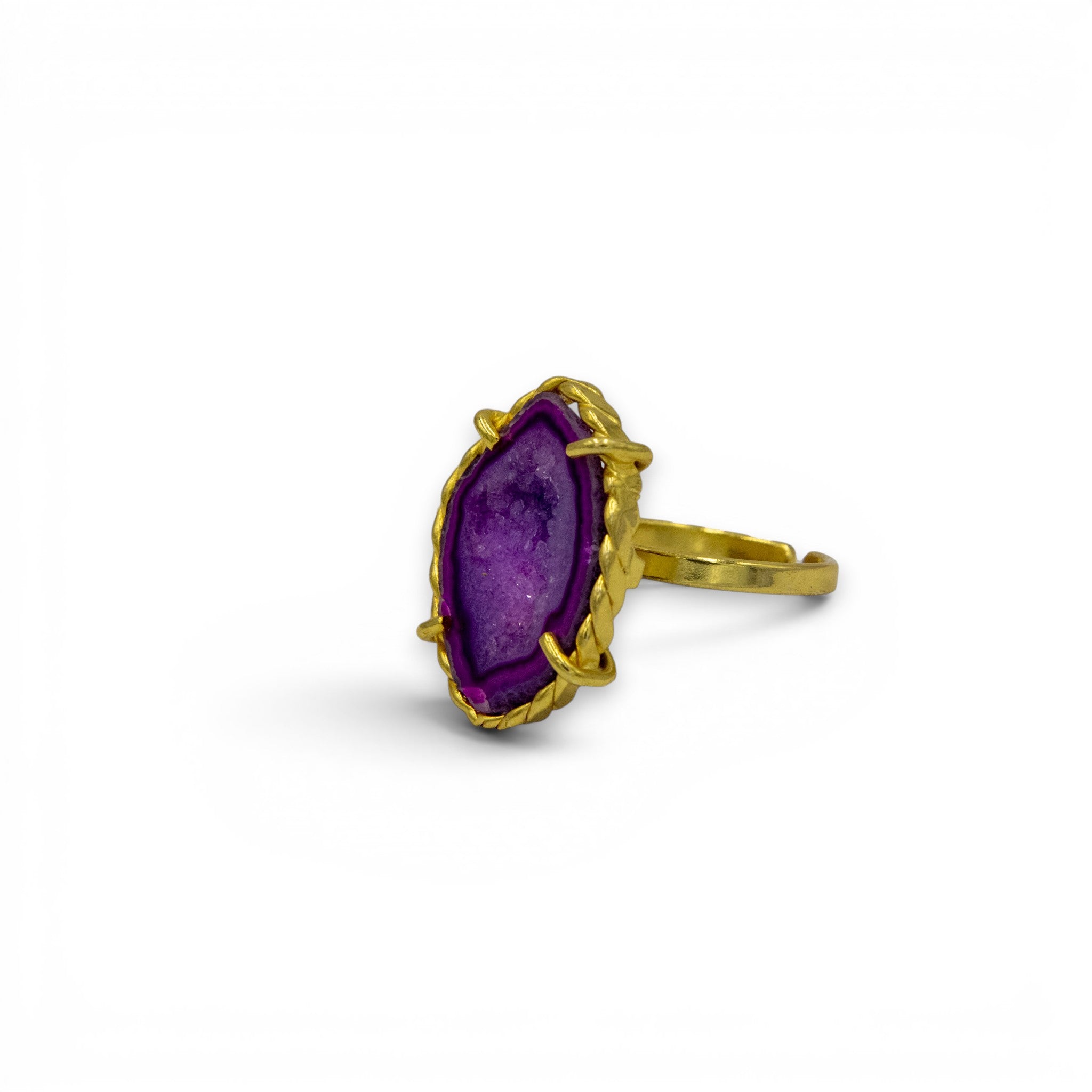 Agate Slice Twisted Prong Gold Plated Brass Ring