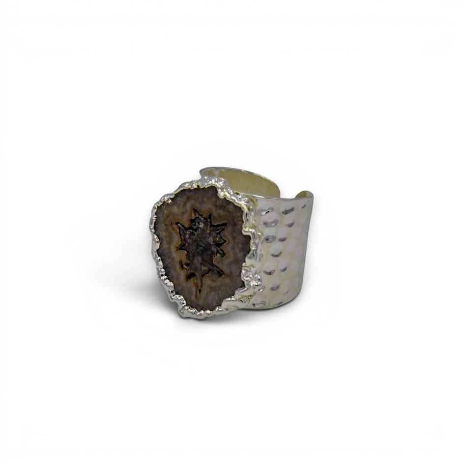 Solar Quartz Handhammered Adjustable Ring