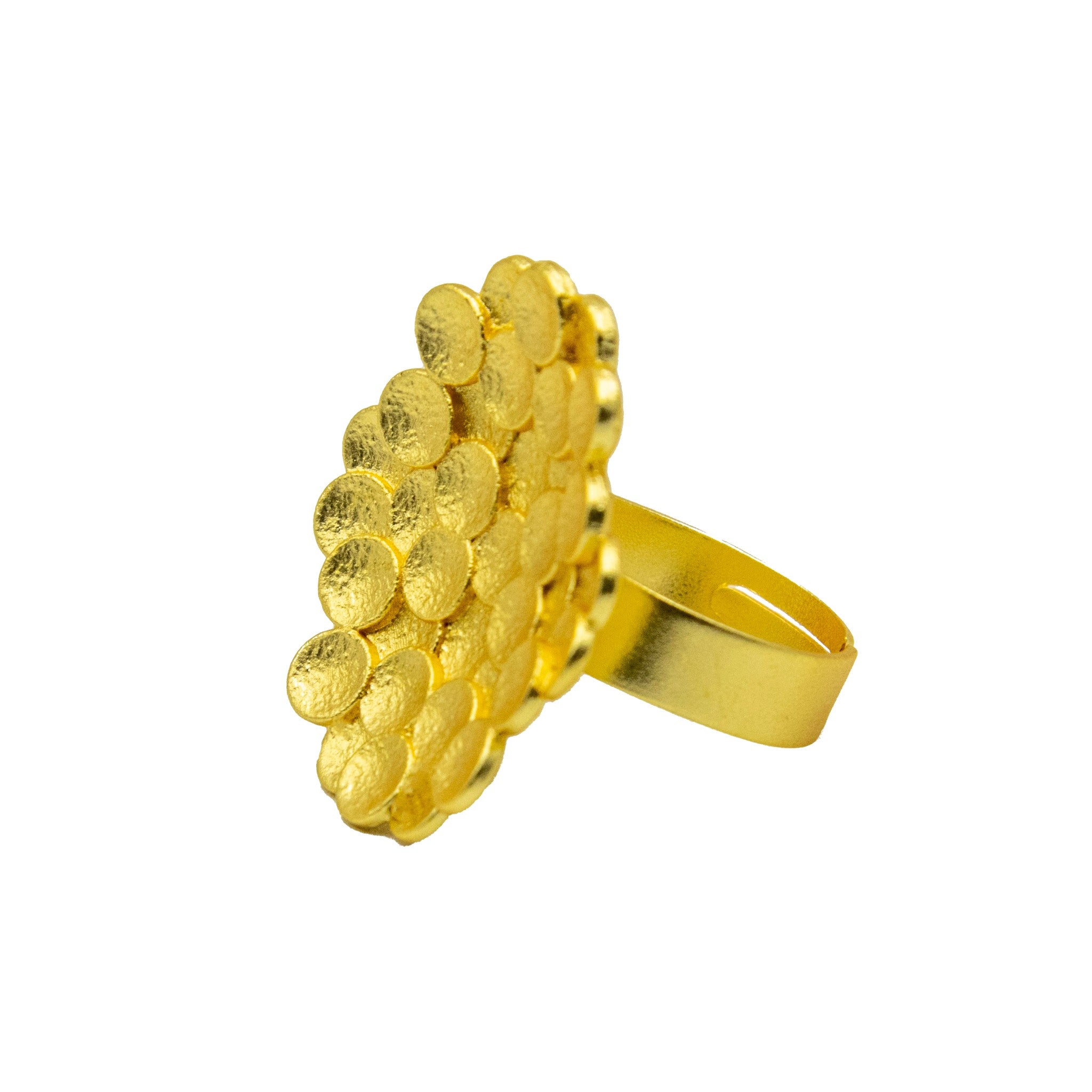 Bee Hive Hand Hammered Flash Gold Plated Brass Adjustable Ring
