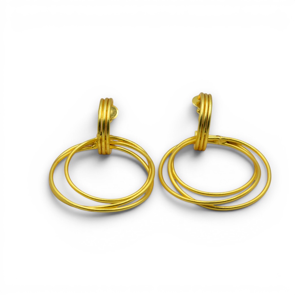 Tri Swirl Flash Gold Plated Wire Hoop Brass Stud Earring